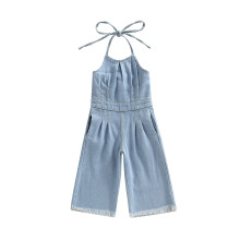 (2-3 Years, Blue) Little Girl's Jumpsuit, Tie-Up Halterneck Sleeveless Solid Color One Piece Denim Long Playsuit
