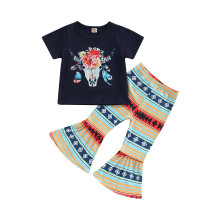 (4-5 Years, Royal Blue) Kislány nyári szettek rövid ujjú, marhafej mintás felsők + geometrikus mintás/tehénmintás, bővülő nadrágok