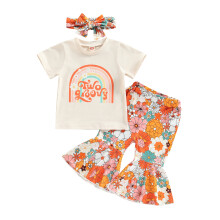 (24-30 Months, Apricot) Baby meisjes set: broekje, T-shirt met korte mouwen en ronde hals, flared broek met bloemenprint en haarband.