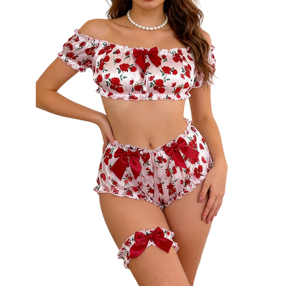 (M, Pink) Women's Erotic Naughty Lingerie Short Sleeve Off Shoulder Floral Tube Tops Thong Thigh Ring Sets for Cosplay Party