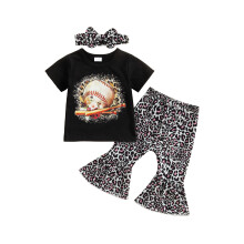 (3-6 Months, Black) Baby meisjes zomeroutfit: T-shirt met korte mouwen, flared broek met luipaardprint en haarbandjes.