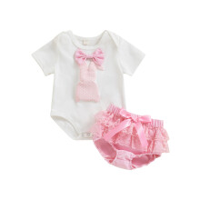 (6-12 Months, Pink) Ropa para niñas pequeñas, pelele corto con cuello redondo y lazo, pantalones con volantes y encaje.