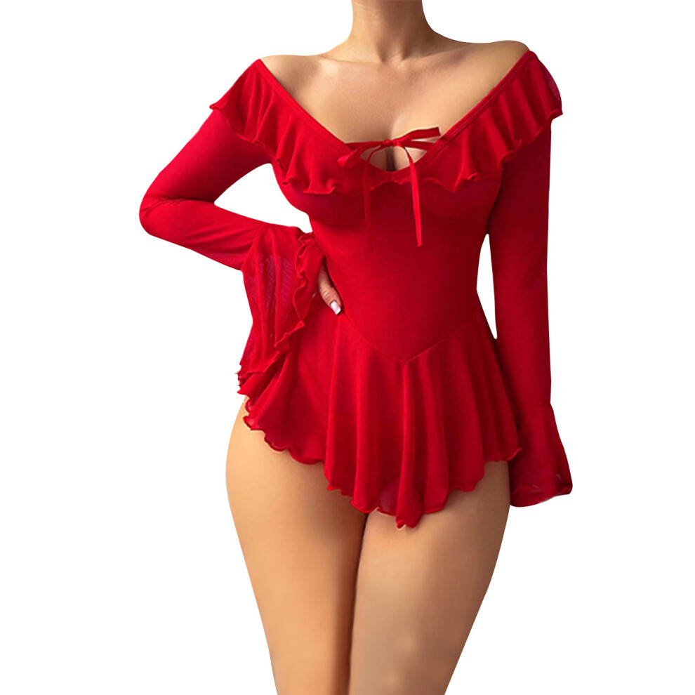 Red (L, ) Women Lingerie Chemise Nightdress Solid Color See-Through Ruffles Dress Nightgown Sleepwear Slips Nightie With Thong