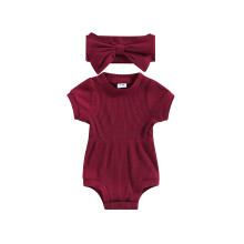 (9-12 Months, Wine Red) Baby-Mädchen-Jumpsuit-Set, einfarbig, gerippter Kurzarm-Strampler mit Schleifen-Haarband, Sommer-Outfit