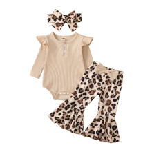 (6-9 Months, Beige) Mono de otoño para niñas, con cuello redondo, mangas abullonadas y pantalón acampanado de leopardo/vaca.