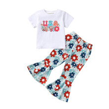 (2-3 Years, Flower) Baby meisjes broekenset, T-shirt met korte mouwen en ronde hals met letterprint en flared broek met bloemenprint