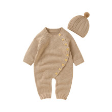 (0-3 Months, Khaki) Baby-Strick-Overall-Set, langärmliger Strampler mit Rundhalsausschnitt und Knopfverschluss, inkl. Mütze