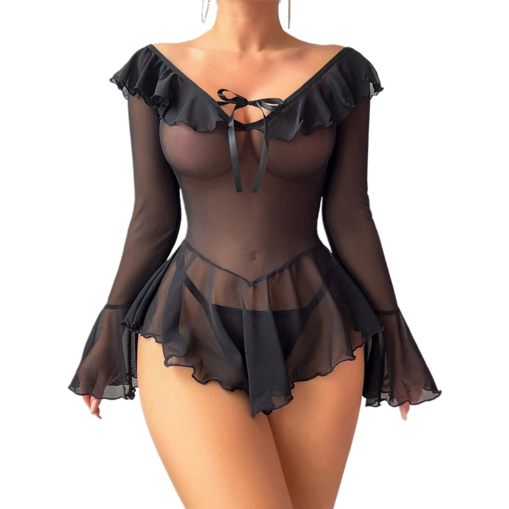 Black (Xl, ) Women Lingerie Chemise Nightdress Solid Color See-Through Ruffles Dress Nightgown Sleepwear Slips Nightie With Thong