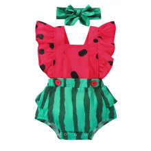 (0-6 Months, Red) Combinaison bébé 2 pièces, imprimé pastèque, col carré, manches papillon, bandeau