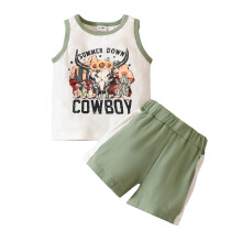 (2-3 Years, Green) Kinderpak voor jongens, casual mouwloos vest met ronde hals voor een straatfeestje + korte broek in patchkleur