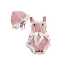(9-12 Months, Pink) Baba Öltöny Szett, Masnival, Ujjatlan, Fodros Kötött Romper+ Sapka, Lányoknak, 0-18 Hónap