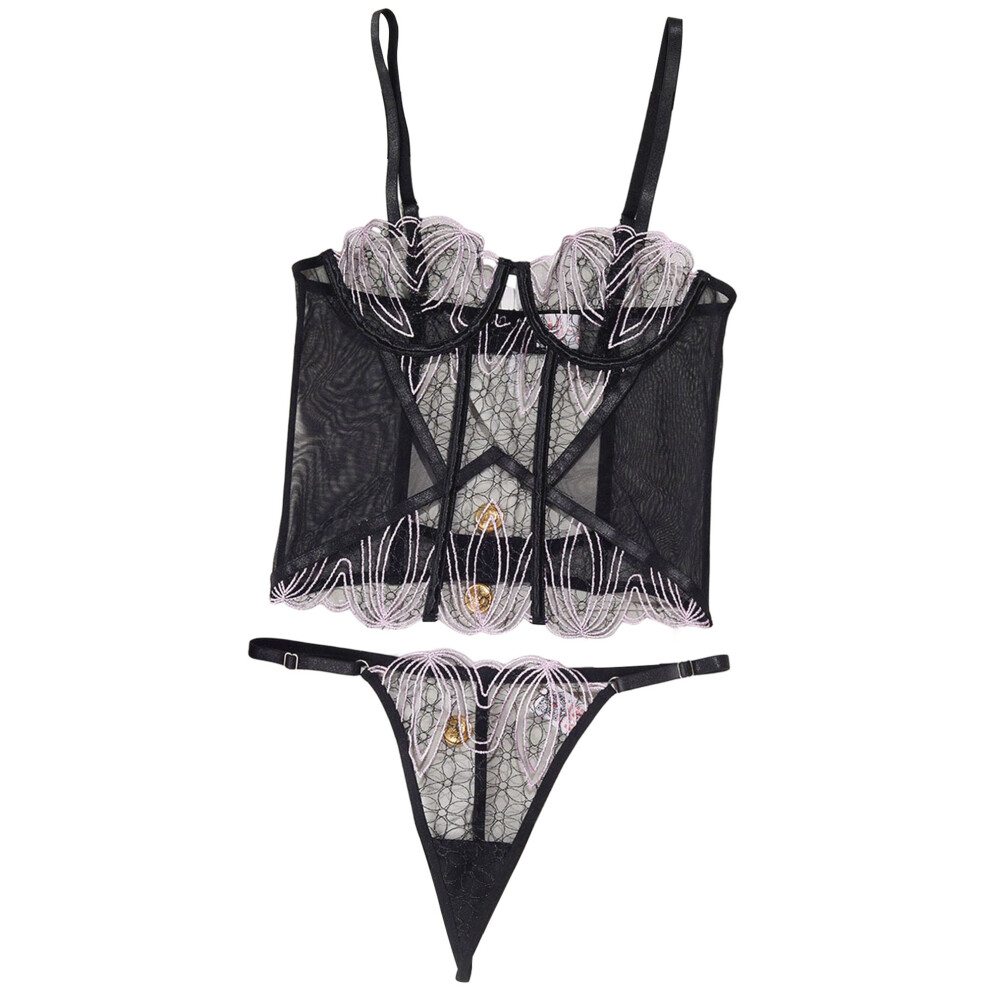 Black (L, ) Women's Lace Lingerie Set Cute Spaghetti Strap Sheer Corset Bra With Thong 2Pcs Sleepwear