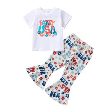 (2-3 Years, Letters) Baby meisjes broekenset, T-shirt met korte mouwen en ronde hals met letterprint en flared broek met bloemenprint