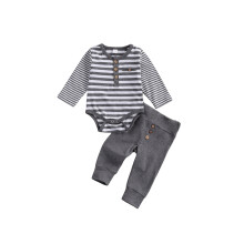 (0-3 Months, Gray) Conjunto infantil de 2 peças: macacão listrado de manga longa e calça folgada lisa com botões.