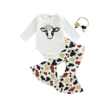 (0-6 Months, White) Conjunto para bebé niña: pelele de manga larga con estampado de vaca, pantalones acampanados y diadema con lazo.