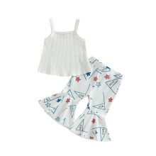 (2-3 Years, White) Kinderkleding set meisjes: mouwloze tanktop met bandjes en flared broek met sterrenprint. 2-delige set.