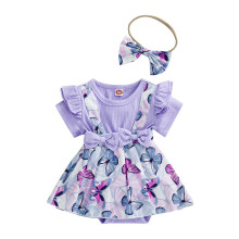 (6-9 Months, Purple) Kislány rövid ujjú romper + masni fejpánt, pillangómintás kerek nyakú hercegnős nyári ruházat