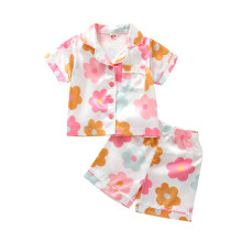 (2-3 Years, Multicolor Flower) Lasten tyttöjen pyjama, lyhythihainen, kaula-aukkoinen kukkakuvioinen napitettu toppi + löysät lyhyet housut
