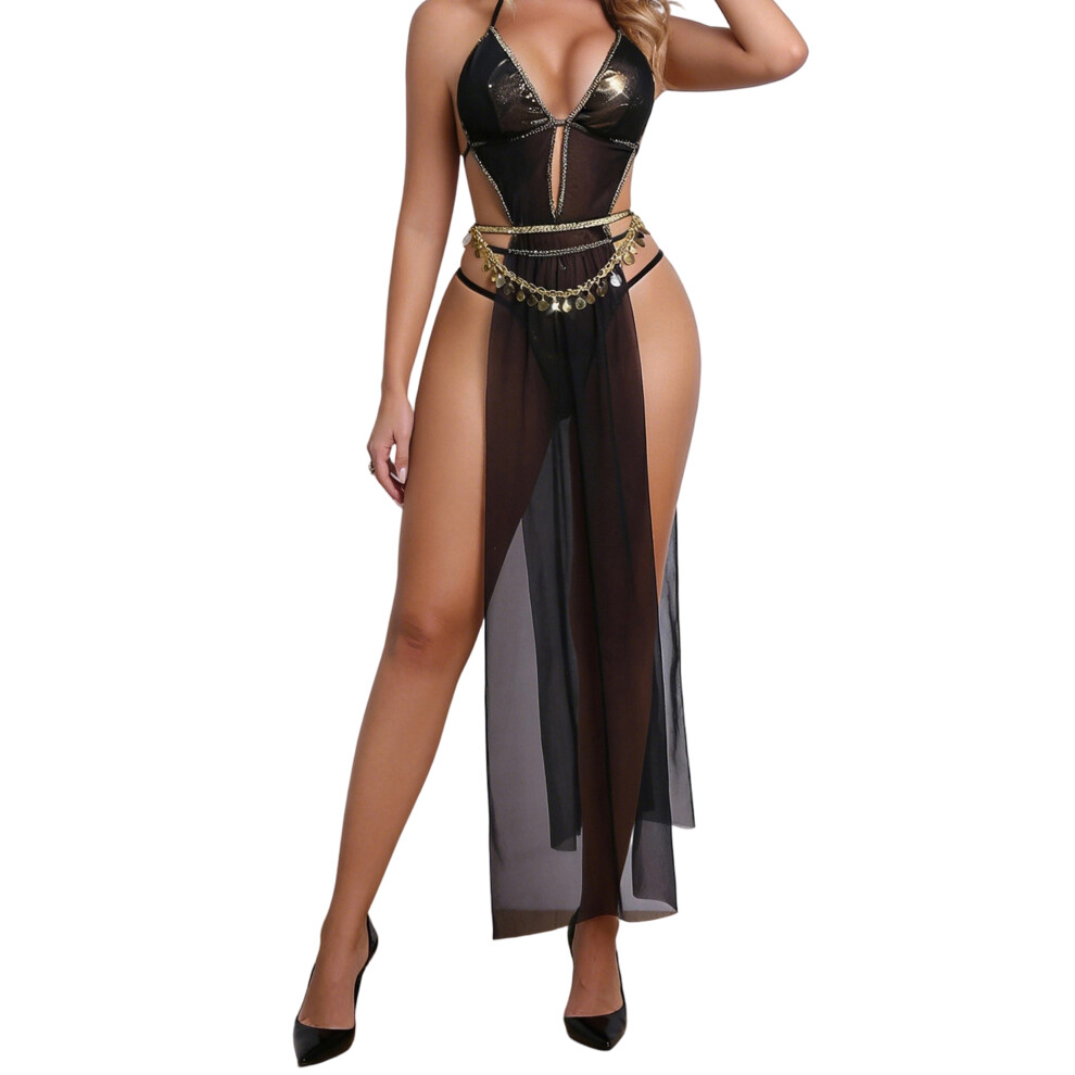 Black (S, ) Womens Lingerie Set Halter Neck Side High Split Long Dress G-String Thongs And Tassel Garter Belt 3 Piece Naughty Outfits