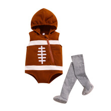 (0-6 Months, Brown) Conjunto de Macacão Infantil Criativo com Capuz e Zíper Oblíquo, Estilo Rugby, Sem Mangas + Meias