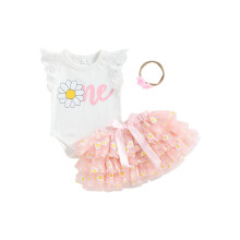 (12-18 Months, Pink) Conjunto de verão para bebês meninas: macacão floral com mangas bufantes, saia de tule em camadas e faixa de cabelo.