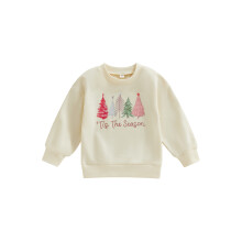(12-18 Months, Creamy) Kindertruien voor meisjes en jongens met kerstboomprint, ronde hals en lange mouwen, casual tops voor herfst en winter.