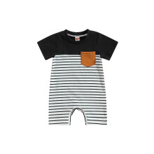 (0-3 Months, Black) Baby-Jungen-Strampler, Kurzarm, Rundhalsausschnitt, gestreift, Patchwork, Sommer-Kurzoverall