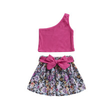 (5-6 Years, Purple Pink) Ensemble 2 pièces pour petites filles : débardeur asymétrique sans manches et jupe ceinturée.