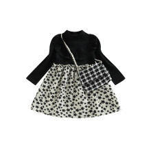 (2-3 Years, Black) Gyereklány őszi ruha, virágmintás, hosszú ujjú, kerek nyakú, A-vonalú, kockás táskával