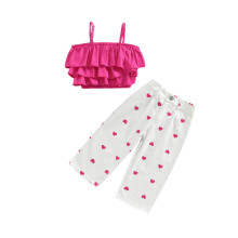(5-6 Years, Rosy Red) Conjunto de verano para niñas: camisola con volantes + pantalones con corazones.