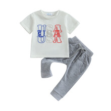 (2-3 Years, White) Outfit voor babyjongens voor Onafhankelijkheidsdag: zomerse korte mouwen T-shirt met letterprint en joggingsbroek.