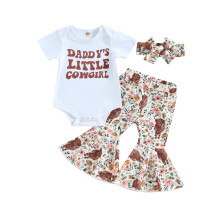 (6-12 Months, White 1) Conjunto de macacão para bebê menina com estampa de letras, mangas curtas, calça flare floral e faixa de cabelo.