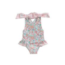 (3-4 Years, Pink) Traje de baño de verano para niñas pequeñas, sin mangas, con espalda cruzada, estampado floral y volantes