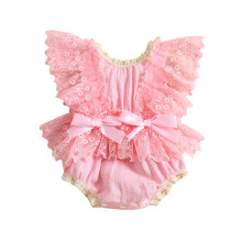 (0-3 Months, Pink) Salopetă de vară pentru bebeluși cu dantelă florală și volane, casual, cu mâneci zburătoare, pentru copii mici