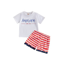 (2-3 Years, White) Zomeroutfit voor peuterjongens: witte top met korte mouwen en letterprint + gestreepte shorts