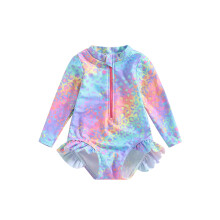 (2-3 Years, Blue Pink) Costum de baie pentru fete cu imprimeu solzi de pește și volane, salopetă cu mânecă lungă, perfect pentru plajă