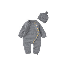 (6-9 Months, Gray) Baby-Strick-Overall-Set, langärmliger Strampler mit Rundhalsausschnitt und Knopfverschluss, inkl. Mütze