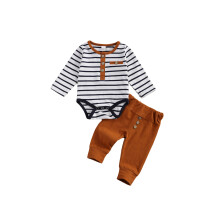 (3-6 Months, Yellow) Conjunto infantil de 2 peças: macacão listrado de manga longa e calça folgada lisa com botões.