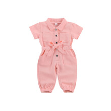 (2-3 Years, Pink) Macacão infantil unissex de cor sólida, manga curta, calça comprida, cinto, botões e bolsos.