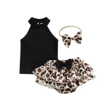 (3-6 Months, Black) Ensemble 3 pièces pour bébé fille : haut dos nu sans manches, short à volants et bandeau.