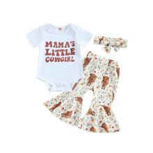 (3-6 Months, White 2) Conjunto de macacão para bebê menina com estampa de letras, mangas curtas, calça flare floral e faixa de cabelo.