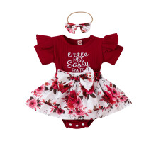 (3-6 Months, Wine Red) Salopetă de vară pentru bebeluși, cu mânecă scurtă, guler rotund, cu fundă în față, cu fustă tip patchwork