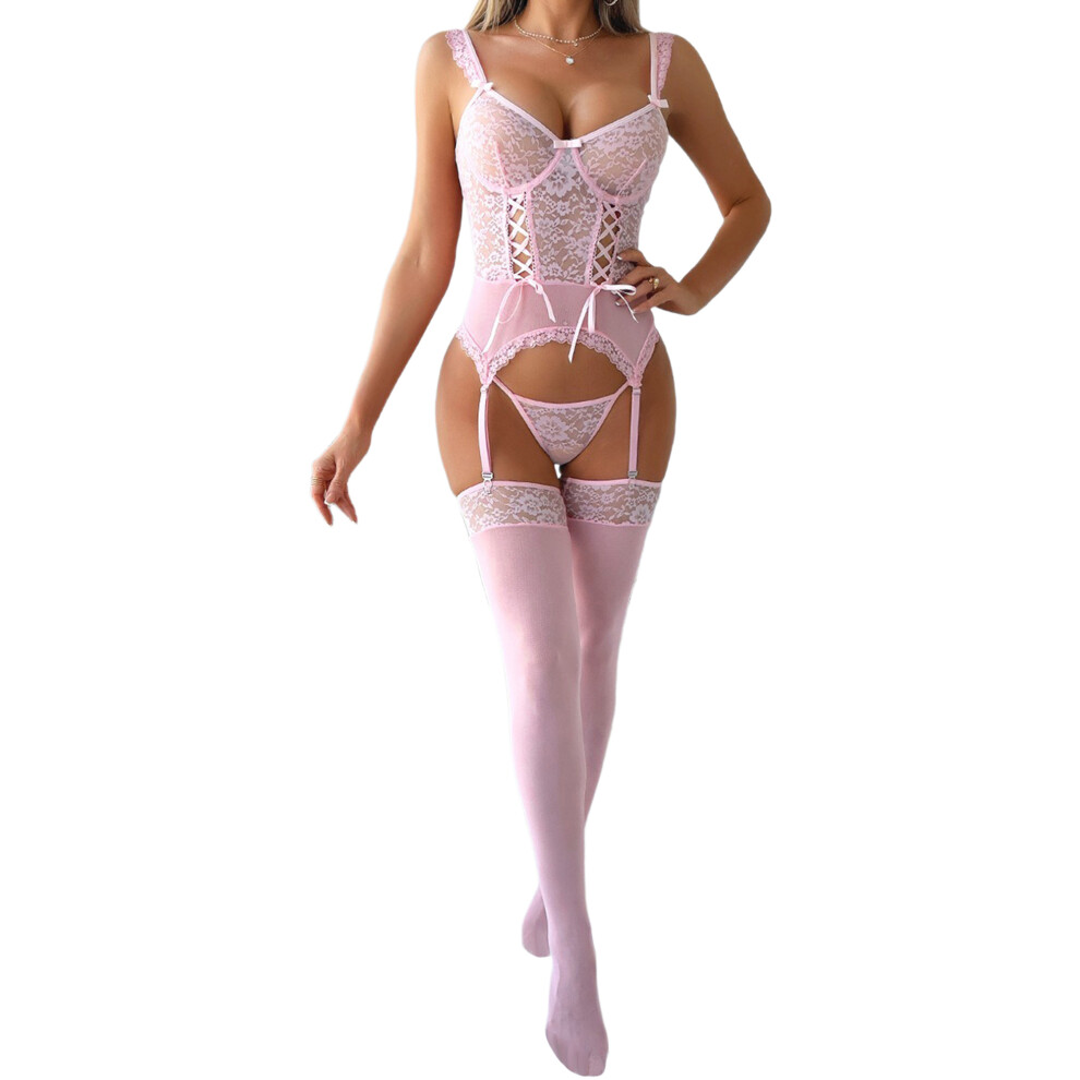 Pink (M, ) Women Sheer Lingerie Set Erotic Babydoll Bow Top And Briefs Stockings Underwear Nightwear Sleepwear