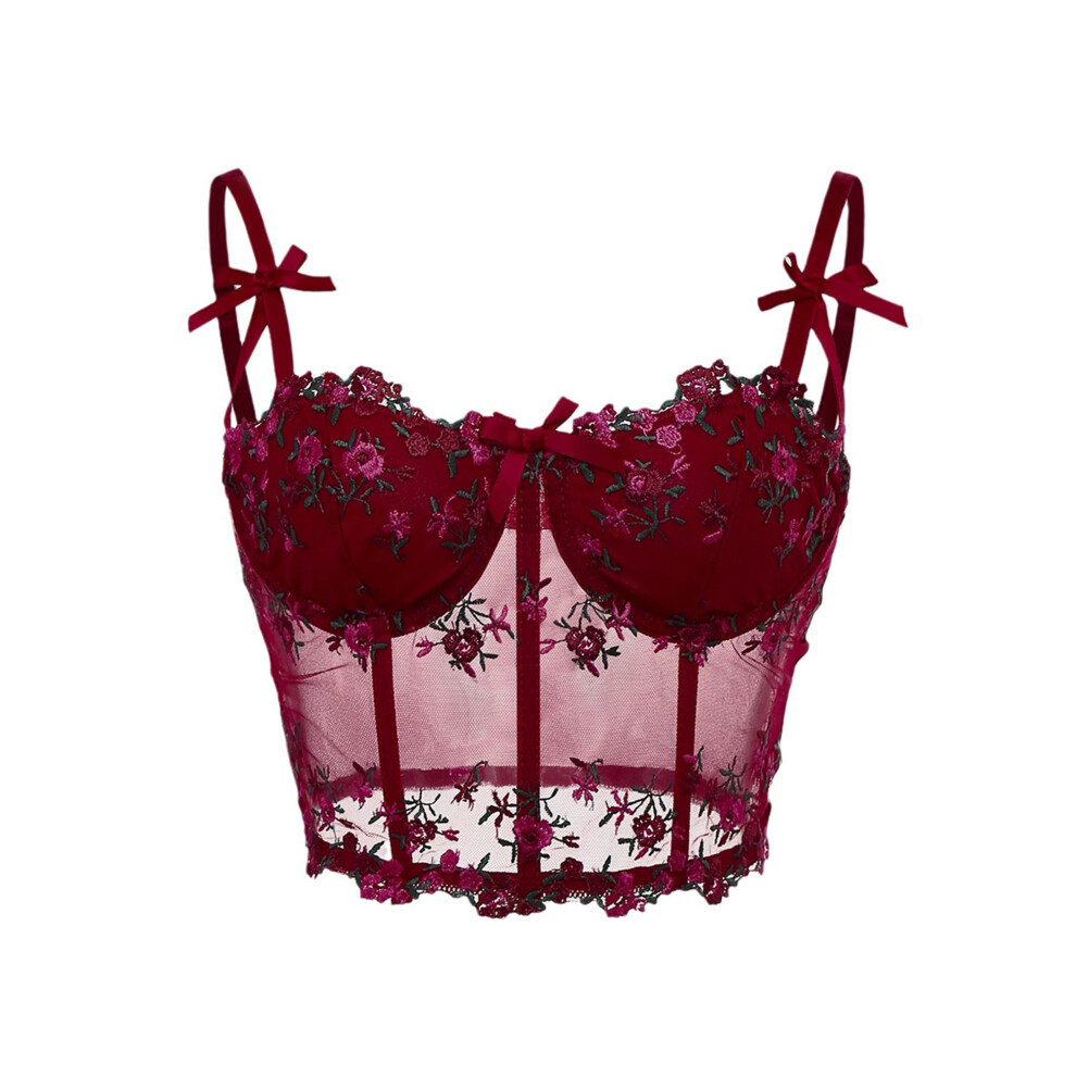 (L, Red) Women's Mesh Corset Crop Tops Sleeveless Spaghetti Strap Floral Embroidery Camisole Summer Bralette
