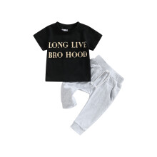 (12-18 Months, Black) Zomeroutfit voor peuterjongens: zwarte top met korte mouwen en letterprint + grijze broek