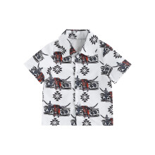 (12-18 Months, White Brown Shirt) Salopetă bebeluși cu cămașă Western, mânecă scurtă, imprimeu vacă, nasturi, haine nou-născuți