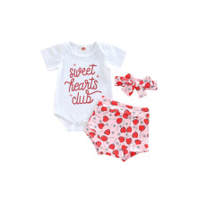 (12-18 Months, Pink) Conjunto verano bebé niña: pelele blanco corto letras + shorts corazones + diadema