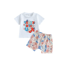 (12-18 Months, White) Onafhankelijkheidsdag babykleding jongens: T-shirts korte mouwen, pet met sterren, short met vuurwerk (2-delige set)