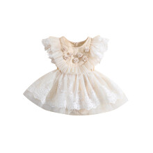 (3-6 Months, Apricot) Rochie scurtă fetițe, mânecă lungă, guler rotund, dantelă florală și tul, model patchwork, linie A