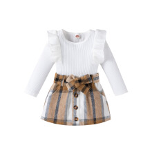 (9-12 Months, White) Éadaí 2 phíosa do Chailíní Óga, Barra Dathanna Cniotáilte le Muinchille Fada + Sciorta Mini le Cnaipí
